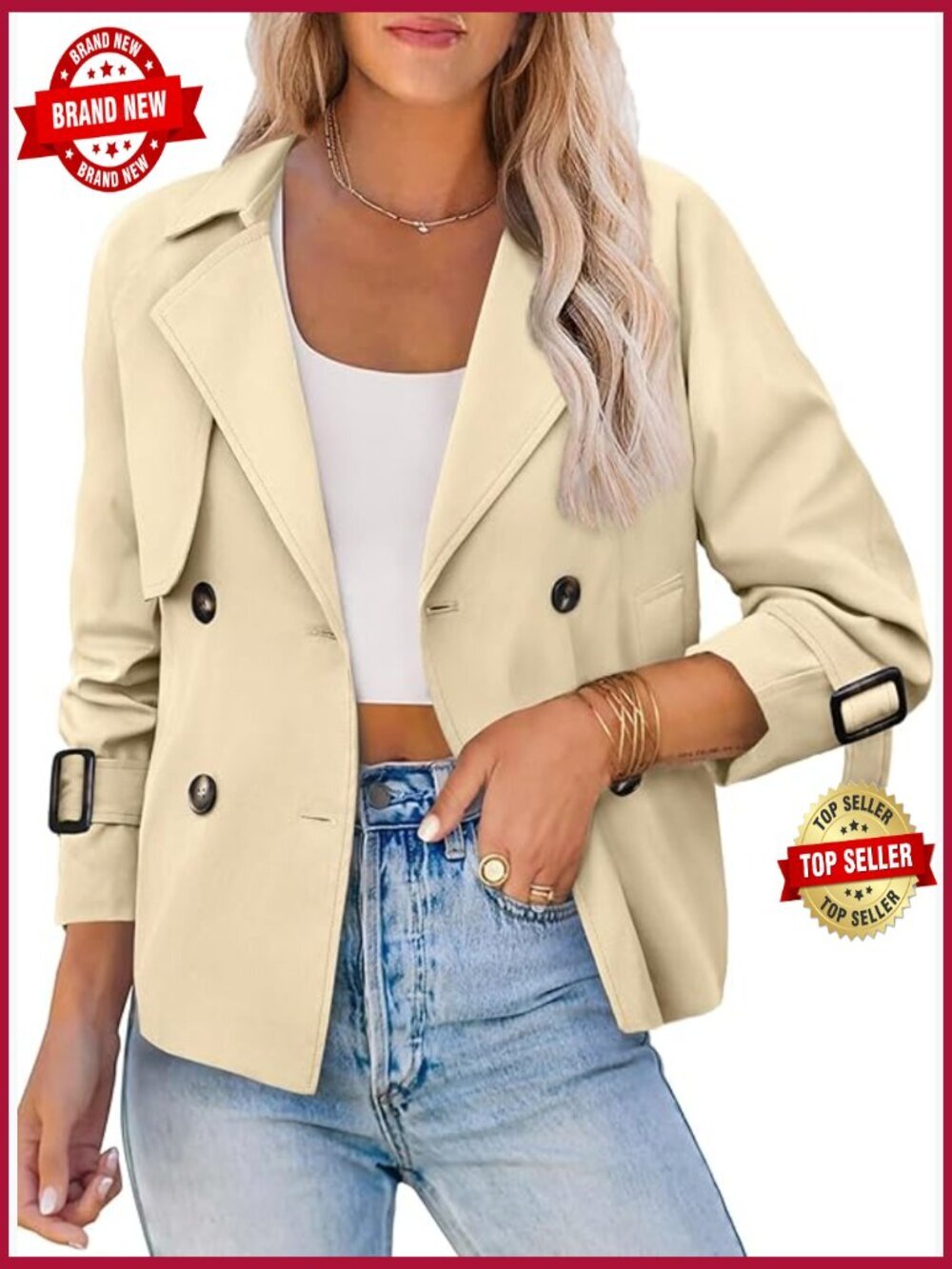 Cropped Trench Coat Double Breasted Long Sleeve Short Jacket with Pockets